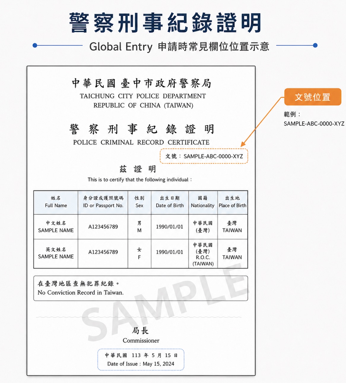 警察刑事紀錄證明範例,橘色標示指出申請 Global Entry 時要填寫的文號位置