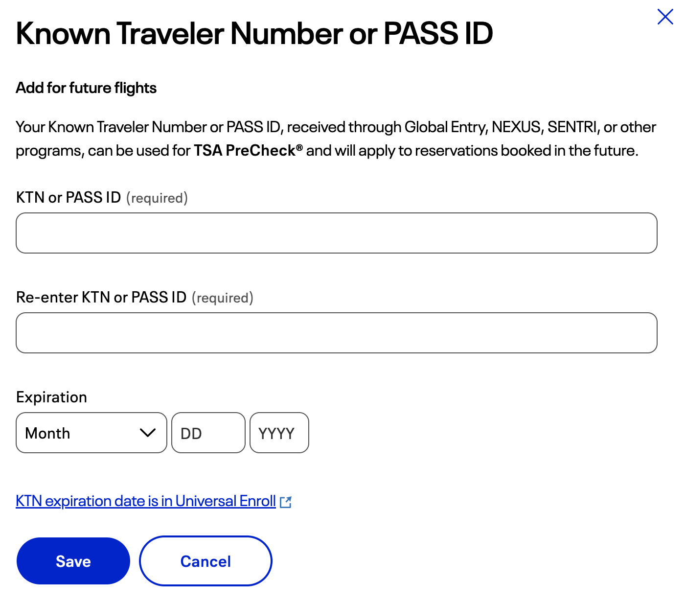 航空公司會員資料頁面中的 Known Traveler Number 或 PASS ID 輸入欄位