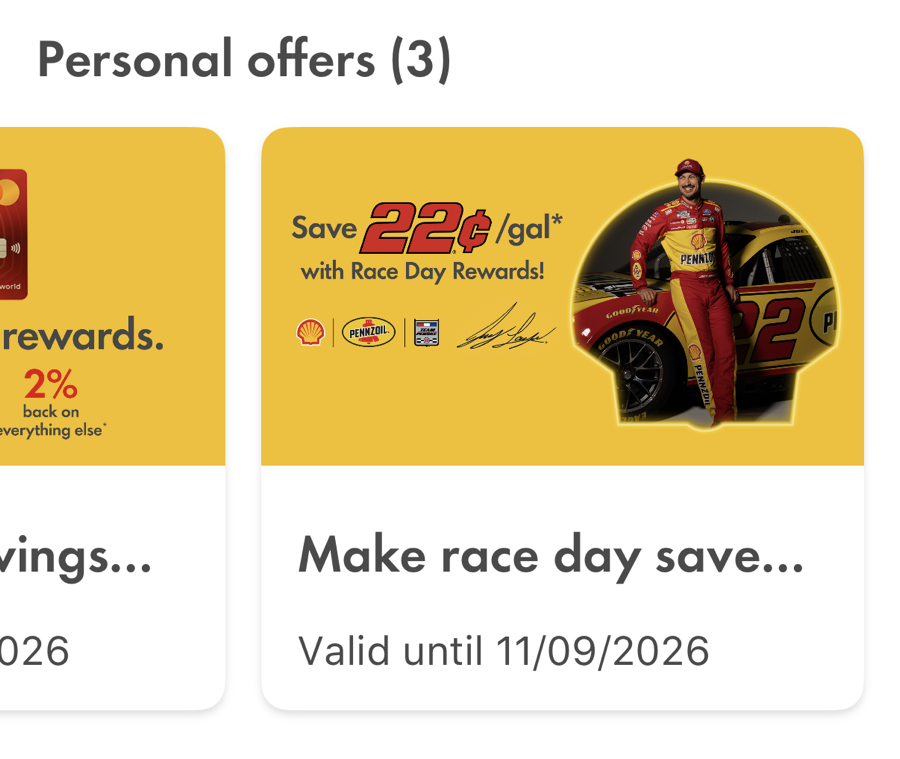 Shell App 裡的 Race Day Rewards 優惠卡，每加侖省 22 美分，有效期限到 2026 年 11 月 9 日