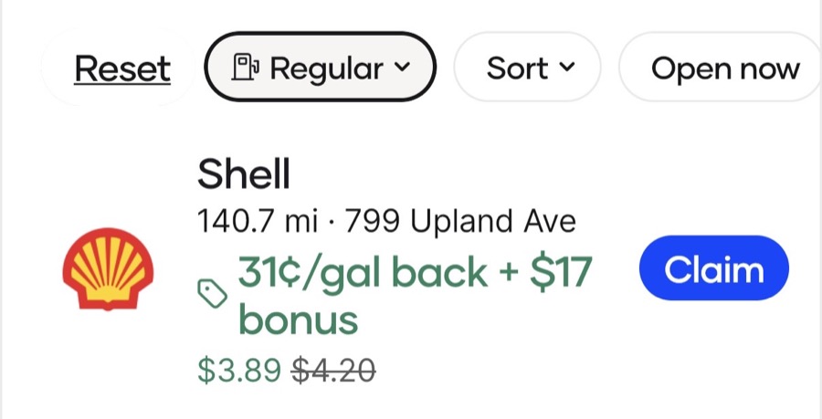 Upside App 裡的 Shell 加油站優惠，顯示每加侖回饋金額與 Claim 按鈕